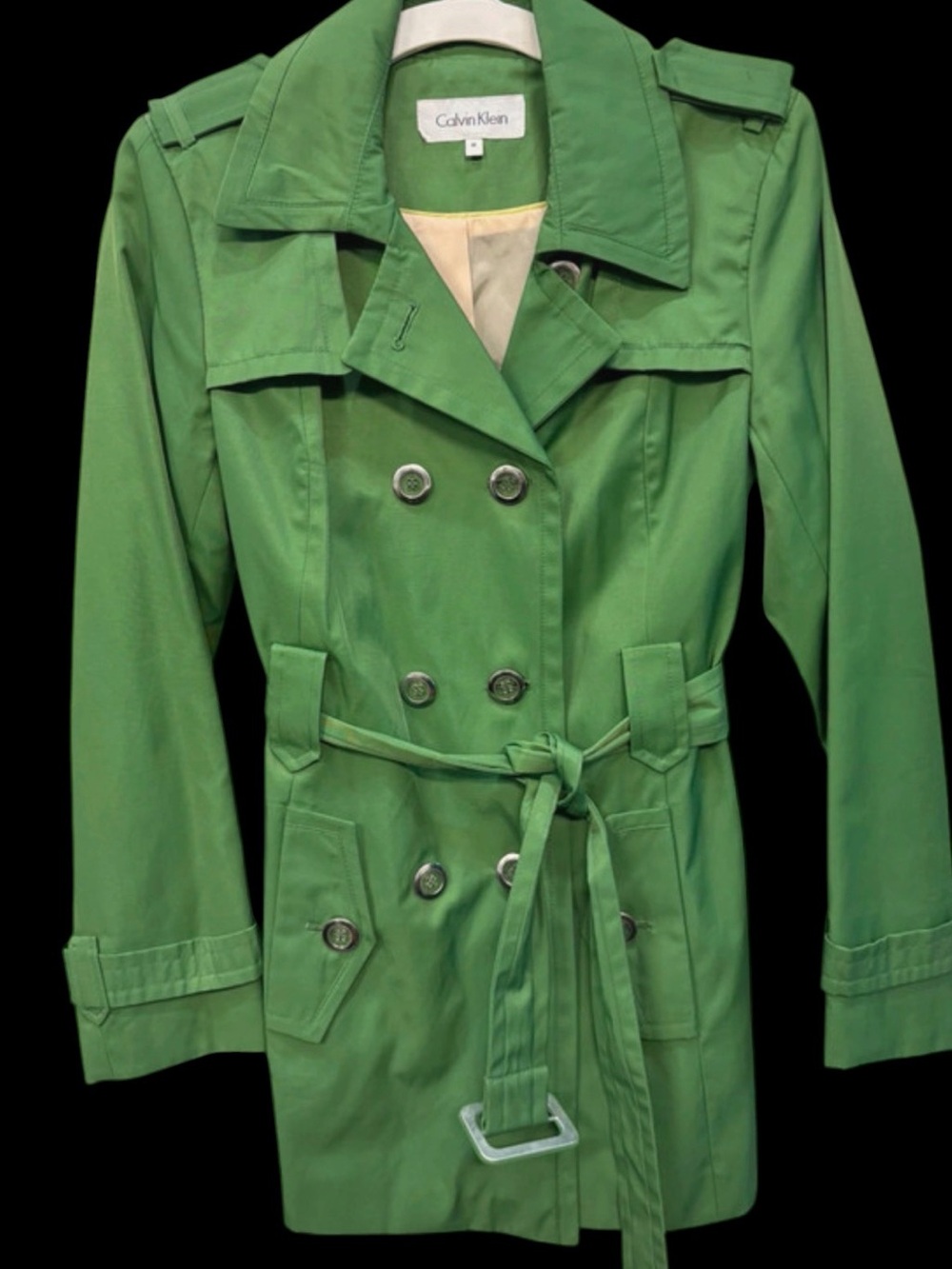 Calvin Klein Bright Green Double-Breasted Trench Coat with Waist Belt